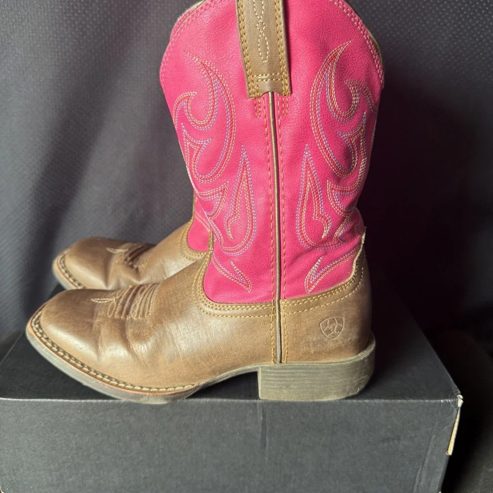 Ariat Western Boot Square Toe Leather Pink Upper Girls Size 13